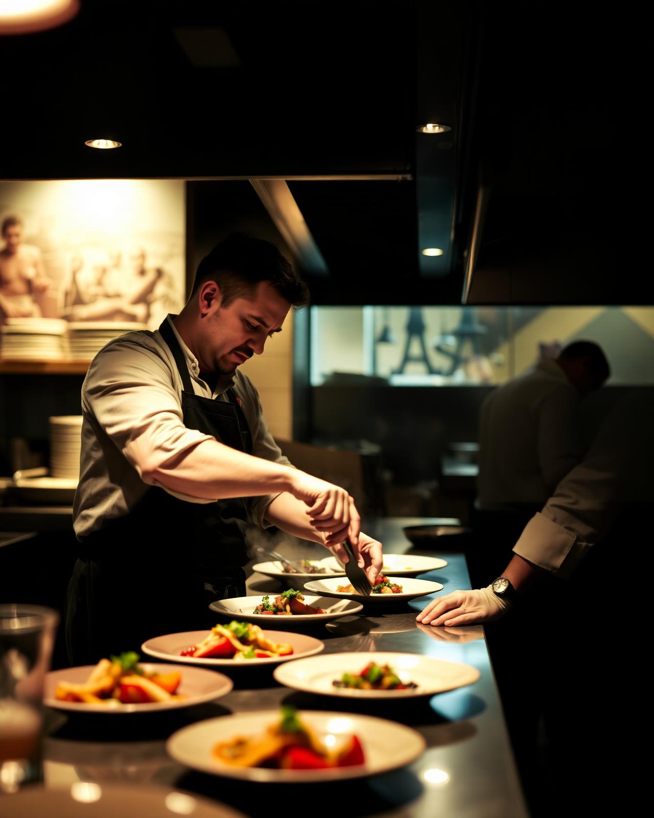 Chef plating in open kitchen